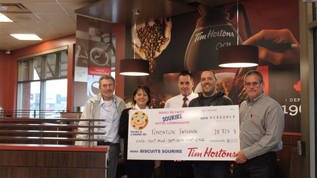  28 725 $ remis à la Fondation Interval grâce à la campagne « Biscuits sourire 2017 » de Tim Hortons